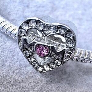 Pink Crystal Mom Heart Charm Silver Tone Fits PANDORA